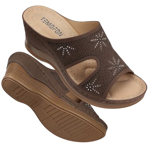 Image of TEMOFON Women Wedge Sandals Dressy: Comfortable Lightweight Summer Shoes | Low Wedge Heel - Fit Wide Feet - Comfy Stylish Slip on Sandals Size 5-11