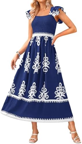 BTFBM Summer Dresses for Women 2025 Floral Smocked Boho Sleeveless Square Neck A Line Casual Beach Maxi Dress Pockets