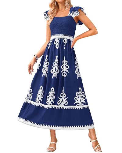 BTFBM Summer Dresses for Women 2025 Floral Smocked Boho Sleeveless Square Neck A Line Casual Beach Maxi Dress Pockets