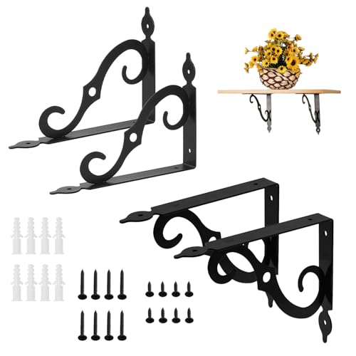 4 Stück Regalwinkel Schwarz Metall 90 Grad Vintage Regalträger Dekorative Regalhalterung Regal Halterung Wand mit Schrauben für Lernräume Gärten Küchen,14x11cm