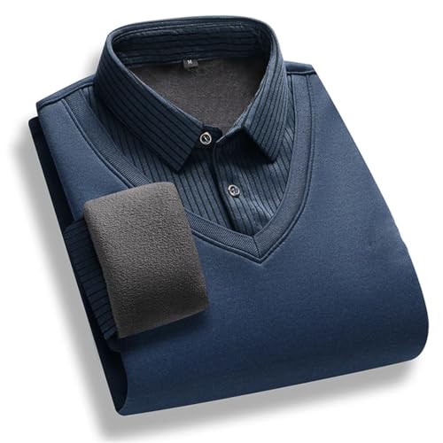 Men's Fleece Lined Sweater Polo Collar Pullover Tops Fake Two Piece Business Pullovers Thick Clothes4