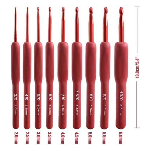Image of VIRADHAM Ergonomic Crochet Hook Set, 9-Piece Soft Touch Aluminum Crochet Hooks (2.0-6.0mm), Red Knitting Needles for Arthritic Hands, Comfortable Grip Crochet Kit for Beginners & Professionals (9 Pcs RED)