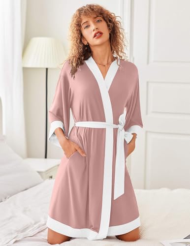 Image of Ekouaer Robes for Women Knee Length Bathrobe Lightweight Kimono Robe 3 /4 Sleeve Knit Sleepwear with Pockets