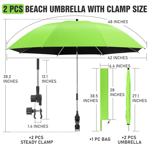 Image of 2 PACK Beach Umbrella with Clamp, 360 Adjustable Umbrellas for Chair, UPF50+ Umbrella for Beach Chair, Patio Chair, Wheelchair, Camping Chair, Golf Carts (Chair Not Included)