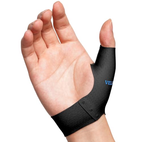 Image of Velpeau Elastic Thumb Support Brace Liner (Pack of 2), Splashproof Thumb Wrist Compression Sleeve for Arthritis Pain, Tendonitis, Sprains, Sports, Fits Left & Right Hands (Black, Short Version, M)