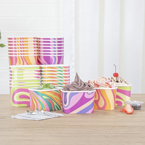 Image of Restaurantware Paper Cups 200 Count 12 Ounce Square Disposable Ice Cream Containers, Leak-Resistant Paper Dessert To Go Cups, Hot And Cold Food, Durable Assorted Groovy Design