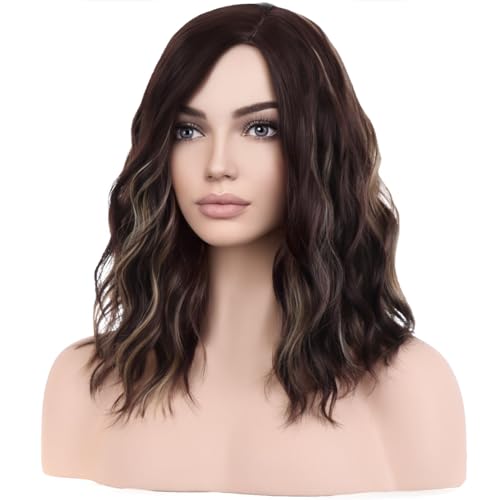 Image of BERON 14 inch Women Brown Blonde Wigs Girls Short Curly Bob Wavy Wig Brown Highlights Body Wave Halloween Cosplay Daily Party Wigs