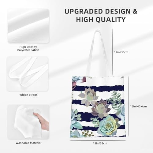 Striped Succulents Print Polyester Canvas Tote Bag, Shopping Bag With Reinforced Handles, Reusable4