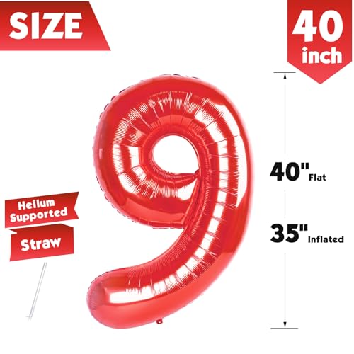 Image of 40 Inch Red Number 9 Balloon Birthday Party Decorations for Men & Women | 40 Inch Red inflatable foil number balloons, large birthday decorations for 9th birthday