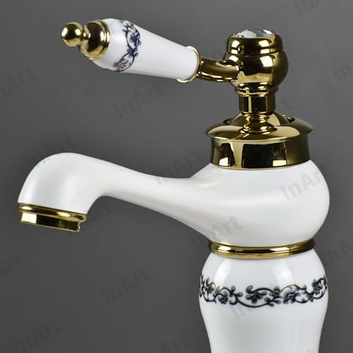 Image of InArt White Gold Glossy Finish Basin Pillar Cock Tap Faucet for Wash Basin, Hot & Cold Water Mixer, Single Handle, Waterfall Design, Table Mount /Deck Mount (Gold White)