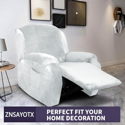 Image of ZNSAYOTX Stretch Velvet Recliner Cover 4-Pieces, Thick Soft Recliner Chair Slipcover with Pocket, Non-Slip Elastic Bottom for Kids Pets, Luxury Plush Reclining Protector Comfy Washable (Silver Grey)