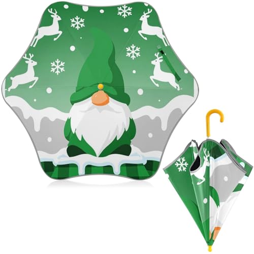 Paraguas para niños con gnomo verde de Papá Noel resistente al viento y mango de gancho infantil