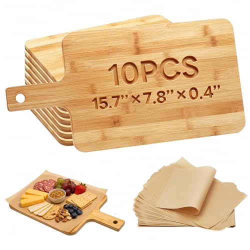 Pack de 10 tablas de cortar de bambú para cocina, tablas para charcutería de 40,5 x 20,3 x 1,0 cm, con papel pergamino, bandeja de madera para servir quesos, pan y aperitivos miniatura 1