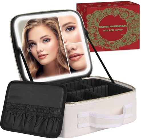 MAYFIY Makeup Bag with LED Mirror, Makeup Organizer Train Case with 1X,2X,3X Vanity Mirror, Adjustable Brightness in 3 Color Settings, Portable Make up Bag with Brush Holder & Storage Dividers, White