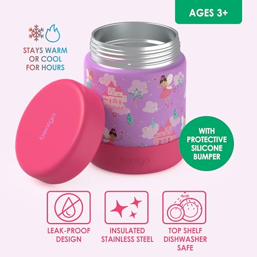 Image of Bentgo Kids Stainless Steel Leak-Proof Food Jar for Hot or Cold Food | 11 fl oz Double Insulated Container with Removable Silicone Bumper, Dishwasher Safe, Easy Open Lid, Ages 3+ (Fairies)