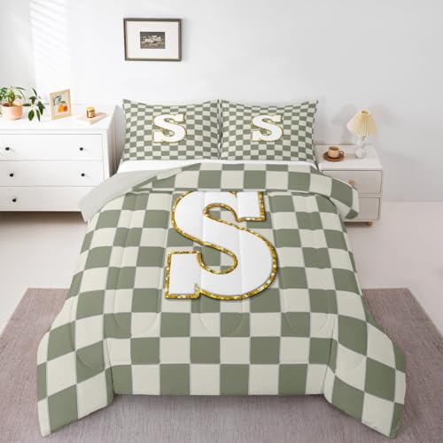 Image of Erosebridal Sage Green Checkered Comforter Set Queen Plaid Initial S Bedding Set Personalized Monogram Comforter for Kids Adults,Fashion Grids Gingham Quilt Duvet