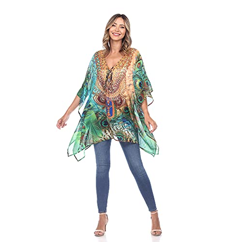 white mark Women's Multi-Print Short Caftan with Tie-up Neckline and Kimono Sleeves4