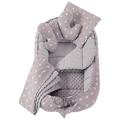 Medi Partners 5 teilig Babynestchen Set Babynest 100x60x15 herausnehmbarer Einsatz Bett Kuschelnest Krabbeldecke Babys Neugeborene 100% Baumwolle (Graue Sternen mit Grauen Minky) Cover