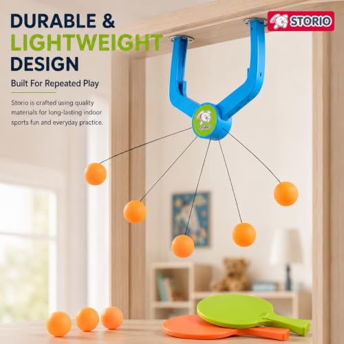 Image of Storio Hanging Table Tennis Trainer, Door Mounted Ping Pong Training Set with 2 Rackets and 5 Balls, Indoor Reflex Training Toy for Boys and Girls Age 5-14 Years