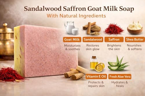 Image of Sandalwood Saffron Goat Milk Soap Bar with Natural Ingredients, Handmade Herbal Bath Soap for Skin Brightening, Moisturizing, and Acne-Prone Skin, 100g, Pack of 2