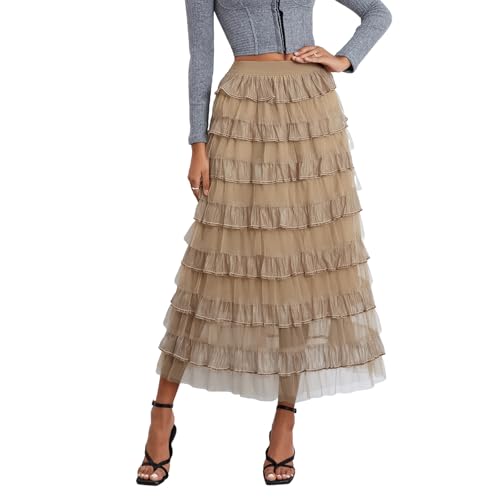 Women's Tulle Midi Skirt Elastic High Waist Layered Pleated Mesh Flowy A-Line Prom Party Long Tutu Skirts