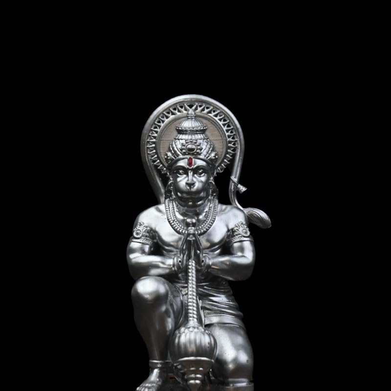 Image of Mahabali Hanuman Idol Silver Look Small Divine Murti for Mandir, Car Dashboard, Home & Office | Resin Lord Hanuman Statue for Pooja, Vastu & Festival Gifting
