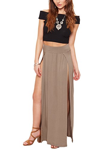 Dinamit Jeans Women's Sexy High Waisted Double Slits Open Knit Long Maxi Skirt Stone-M