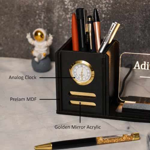 Image of Deskart Customized LED Name Plate Pen Stand with Clock for Office Desk | Wooden MDF Desk Organizer with Warm LED Acrylic Name Plate with Adapter