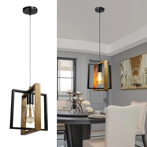 Lámpara colgante estilo granja, lámpara colgante de metal con acabado de veta de madera, tubos ajustables de 47,2 pulgadas para techos planos e inclinados, isla de cocina, dormitorio, comedor, base