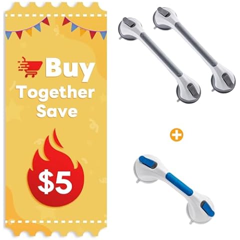 TAILINK Shower Grab Bar Suction Cup for Bathroom and Showers, Shower Safety Handrail for Seniors and Elderly, No Drilling Grab Bar 16 inch Greyx2 & 12 inch Bluex1 Cover