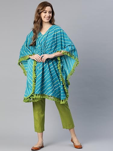 Image of Yuris Women Blue Green Striped Kaftan with Trousers