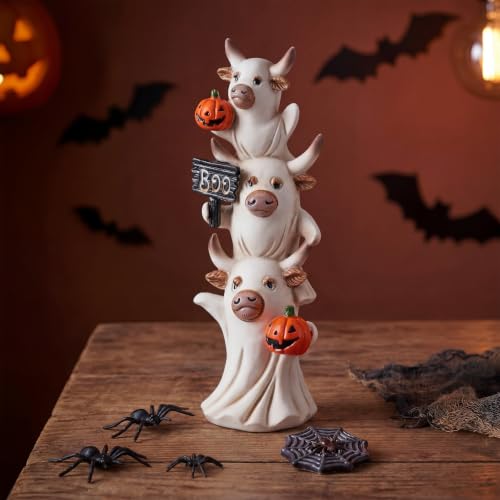 Gerrii Halloween Highland Cow Figurines 7.9 Inch Highland Cow Halloween Decor with Pumpkin Resin Calf Statue Table Centerpieces Calf Lovers Gifts for Home Kitchen Office Tiered Tray Decor