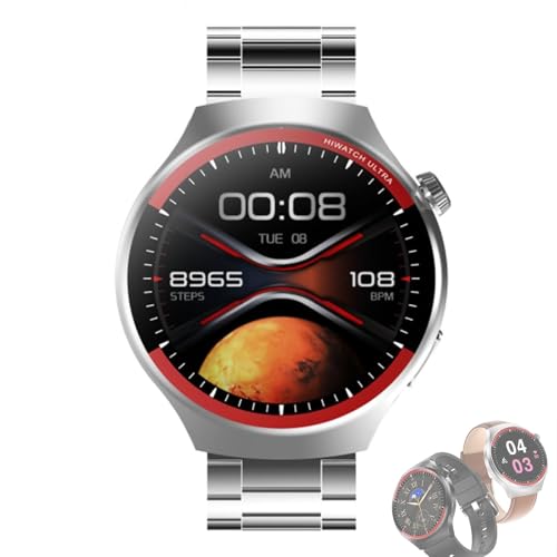 Smart watch with HD touchscreen displaying fitness metrics, including steps and heart rate, featuring a sleek silver design and a planetary background, relevant for 2025 smart watch guide for fitness and everyday life.