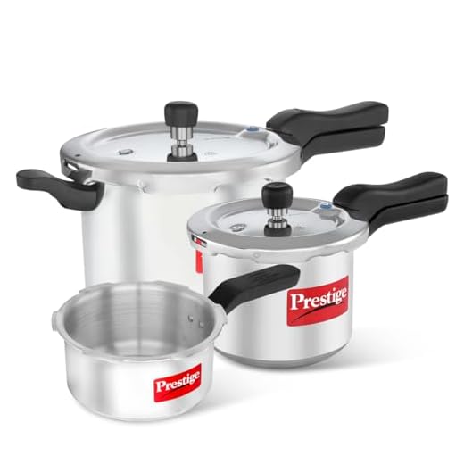 Prestige 2L+3L+5 Litres Svachh outer lid Aluminium combo Pressure Cooker|5 years warranty|Deep lid controls spillage|Induction based|Straight wall|Pressure Indicator | Gasket-release system|Silver