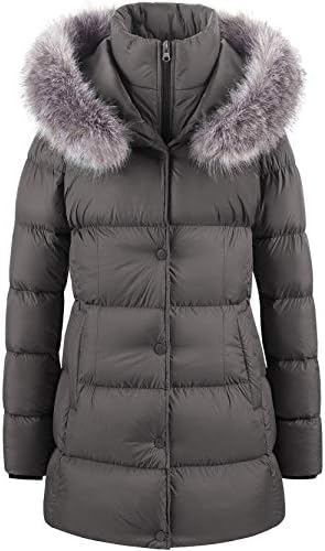 CREATMO US Woman Puffer Parka Mid-length Jacket Padded Thicken Long Coat With Fur Hood Grey S