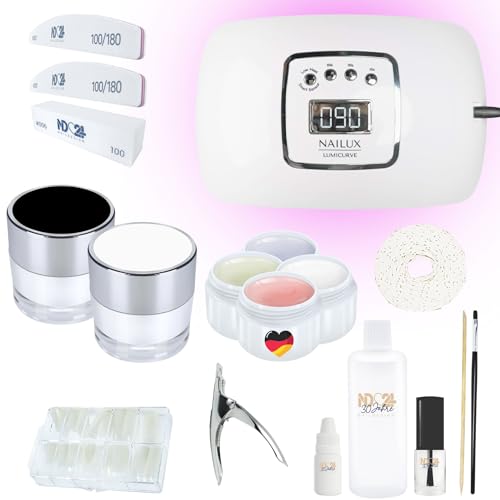 – Gelnägel Starter Set Premium mit Haftgel, Aufbaugel, Frenchgel, Versiegelungsgel, LED-Lampe & Zubehör + Black & White Gele – Komplettset für Anfänger geeignet – Gele Made in Germany
