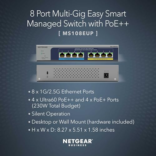 NETGEAR 8-Port Ultra60 PoE Multi-Gigabit Ethernet Plus Switch (MS108EUP) - Managed, with 4 x PoE++ and 4 x PoE+ @ 230W, Desktop or Wall Mount, and Limited Lifetime Protection by NETGEAR - Image 2