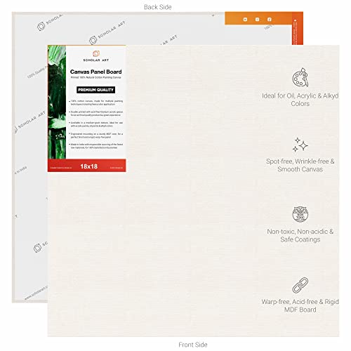 Image of Scholar Art Hobby Series 04 Oz (230 GSM) 100% Cotton Canvas Panel Board for Painting (White Blank Canvas Boards for Acrylic Paint, Oil Paint, Wet & Dry Media) | 18 inchx18 inch (45x45 cm), Pack of 4