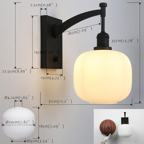 Image of Pathson Milk White Glass Wall Sconce with Switch, Hardwired Wall Vanity Light, Mid-Century Vintage Wall Lamp Fixture or Living Room Farmhouse Bathroom Bedside Lighting