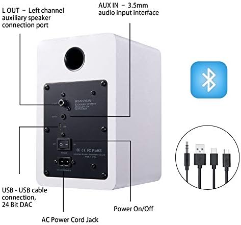 Sanyun SW208 3" Active Bluetooth 5.0 Bookshelf Speakers  60W Carbon Fiber Speaker Unit - Built-in 24bit DAC - Dynamic 3D Surround Sound  2.0 Computer PC Monitor Gaming Speakers (Pair, White)