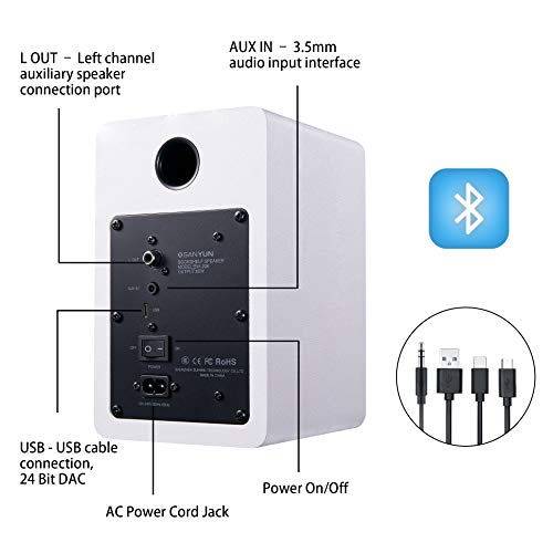 Sanyun SW208 3" Active Bluetooth 5.0 Bookshelf Speakers – 60W Carbon Fiber Speaker Unit - Built-in 24bit DAC Dynamic 3D Surround Sound 2.0 Computer PC Monitor Gaming (Pair, White) by Sanyun - Image 4