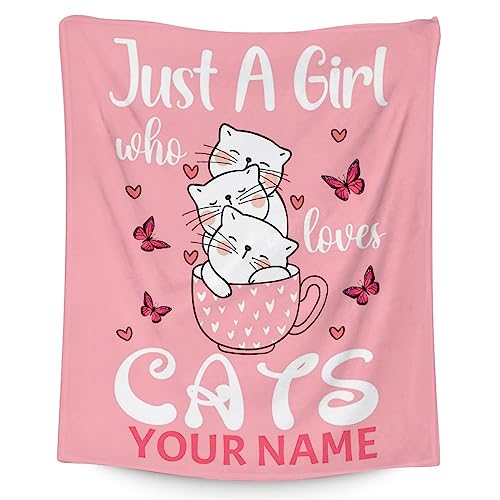 Personalized Cat Blanket Gifts with Name - 50"x60" Cute Throw for Girls - Pink Soft Fuzzy Blankets for Bed, Couch & Living Room