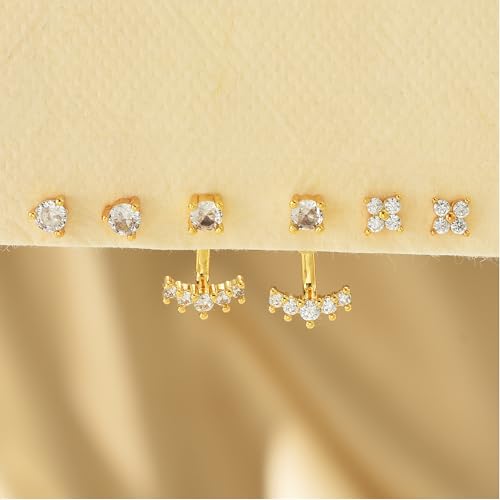 Gold Stud Earrings Set for Women, 3 Pairs Jacket Post Studs Earring Stacks, Hypoallergenic 14K Gold Dainty Diamond Cartilage Trendy Fashion Small Accessories Piercing Jewelry Gifts for Women4