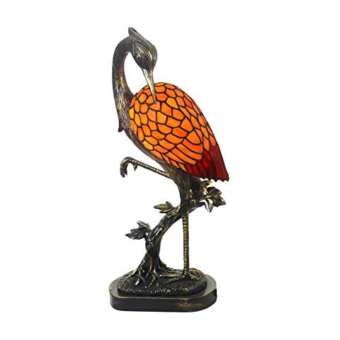 LITFAD Tiffany Crane Bird Table Light Retro Stained Glass & Resin 1 Light Desk Lamp Vivid Brass Table Lamp Night Light LED Bedside Nightstand Lamp for Bedroom Living Room Hotel Restaurant - Orange Cover