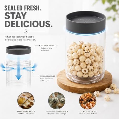 Image of CELLO Modustack Pet Storage Jar For Kitchen Set of 9 Pcs (1000ml x 2, 750ml x 2, 500ml x 5) Grey | Freezer & Fridge Safe, Airtight Pet Kitchen Storage Box Container For Beans, Whole Grains, Spices