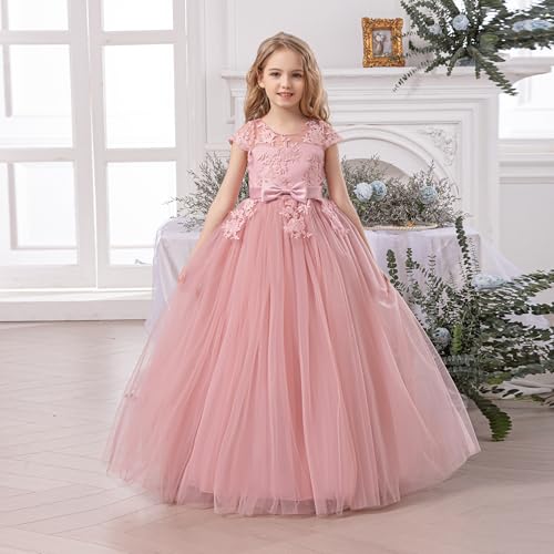 Flower Girl Dress with Bow Tie Pearl Embroidery Lace Tulle Satin Wedding Guest Party Birthday Pageant Gown Kids3