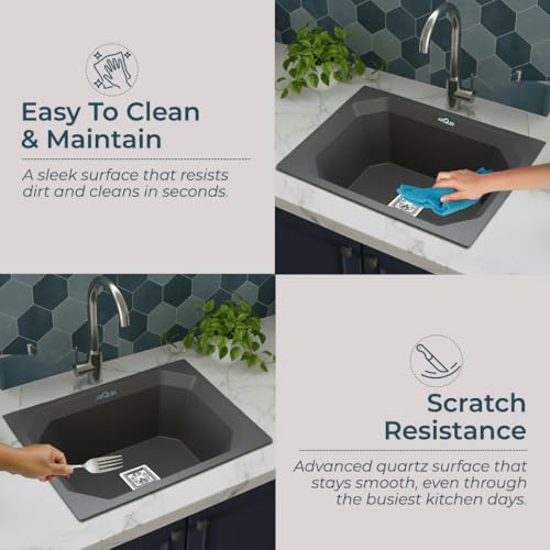 Image of ARQUIN Quartz Kitchen Sink 24x18x9 Inch Grey Diamond | Single Bowl Sink | Durable & Scratch-Resistant | Undermount /Topmount Including Coupling, Waste Pipe & Fruit Washing Basket