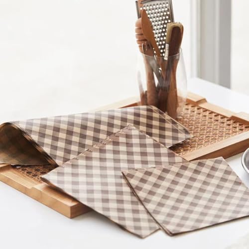 100Pcs Wax Paper Sheets for Food, Basket Liners Food Picnic Paper Sheets Greaseproof Deli Wrapping Sheets,BBQ paper,Coffee-colored checkered printing (5.9×5.9 in) - Image 6