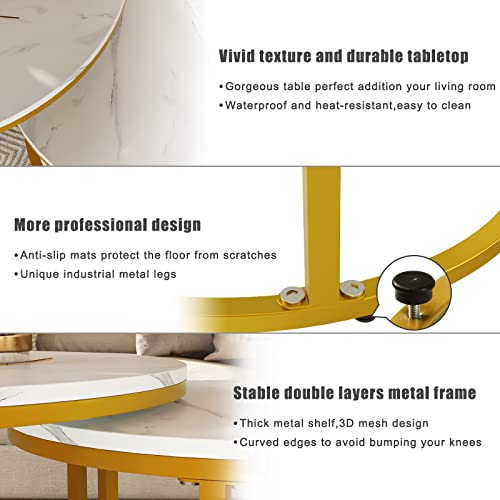 Nsdirect Nesting Coffee Table Set Of 2,Round Coffee Tables Modern Circle Table For Living Room Accent End Side Table With Storage Open Shelf Faux Marble Wood Top & Gold Sturdy Metal Frame,White #TOP4