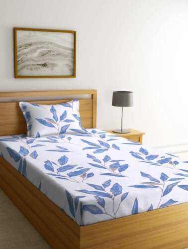 Image of NEW LEAF Premium 100% Cotton Feel Elastic Fitted Single Mattress Bedsheets with 1 Pillow Cover| All Around Elastic 200 TC Supersoft | (Size-78+36+6 inches, Royal Blue Leaf
